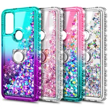 For Motorola Moto G Pure, Glitter Ring Phone Case with Tempered Glass & Lanyard