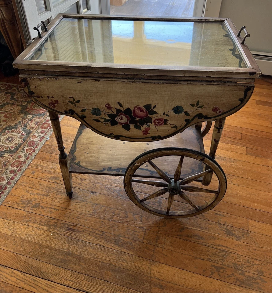 Impresionante carro de bar/carrito de té antiguo vintage de madera y vidrio barra para servir Foto 2 de 4
