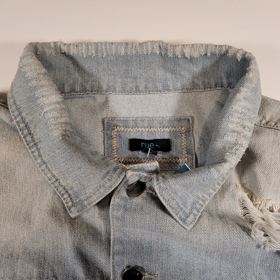 Rue 21 + Womens Size 3 XL Denim Jacket Lightwash Blue Distressed Thrashed NWT - Image 3 of 4