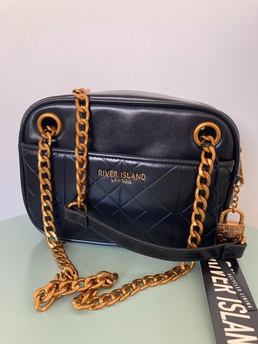 River Island Shoulder Bag Black Faux Leather crossbody chain strap long nEW - Picture 10 of 19