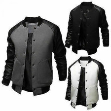 Men's Fashion Style PU Splice Button Baseball Jackets Overcoat Outerwear School