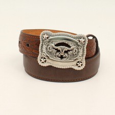 Nocona Boys' Brown Tooled Billet Longhorn Buckle Belt 3502 Size 28