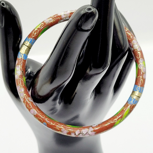 Cloisonné Asian Inspired Red Brown Floral Hand Painted Hinged Bangle Bracelet - Picture 21 of 24