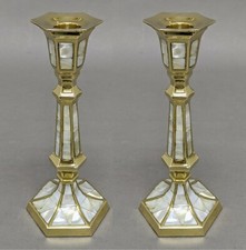 Candle Holder 3"D 8"Hi Set/2 Brass Mother of Pearl Inlay Hexagonal FREE SHIPPING