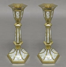 Candle Holder Brass Mother of Pearl Inlay Hexagonal  3"Wide 8"High  Set of 2