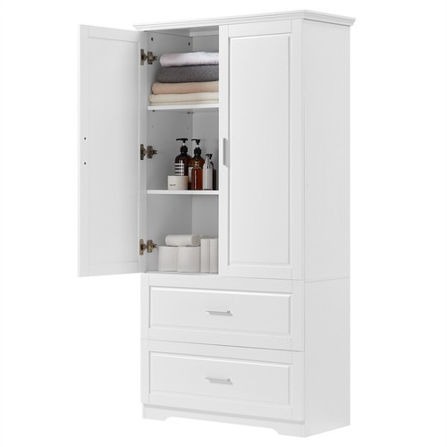 Tall Bathroom White Storage Cabinet 2 Doors&Drawers,MDF, Adjustable Shelf - Picture 7 of 24