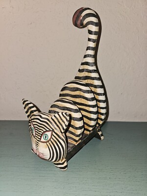 Vintage Striped Crouching Kitty Cat Wooden Mail/Letter Holder-Very Good