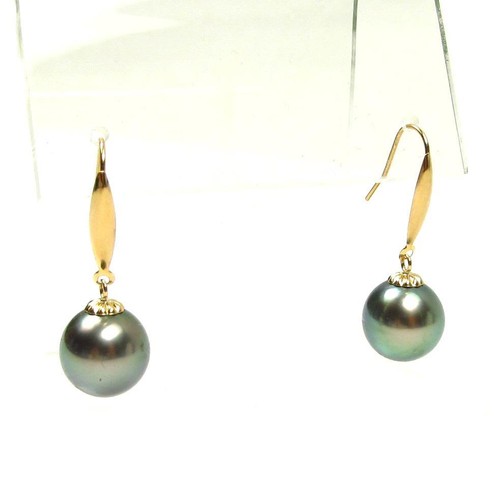 Pendientes de gancho colgantes de oro amarillo de 18 quilates con perlas verdes/plata de Tahití de 10 mm - Imagen 4 de 4