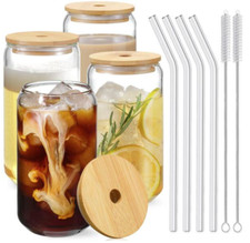 Glass Beer Can Jars with Bamboo Lids & Glass Straws Pack Of 4 Crafting Cricut