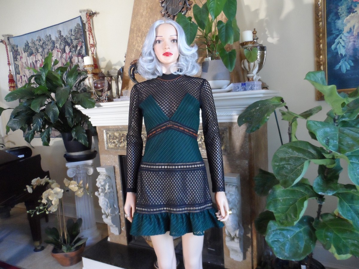 Floral Dress Self Portrait Green And Black Dress SELF PORTRAIT FOREST GREEN  FITTED PANEL LACE MIDI