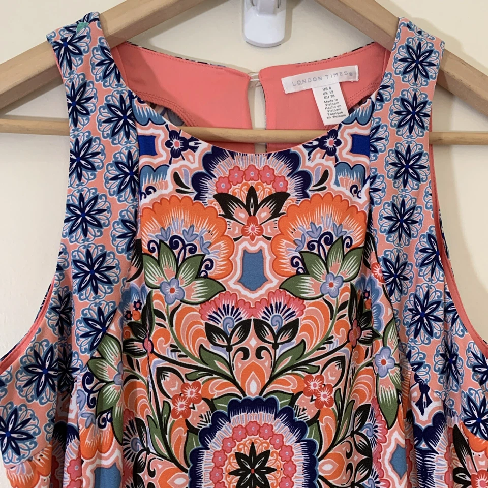 London Times Maxi Dress Womens 8 Floral Sleeveless Bright Boho Beach Cruise - Image 2 of 4