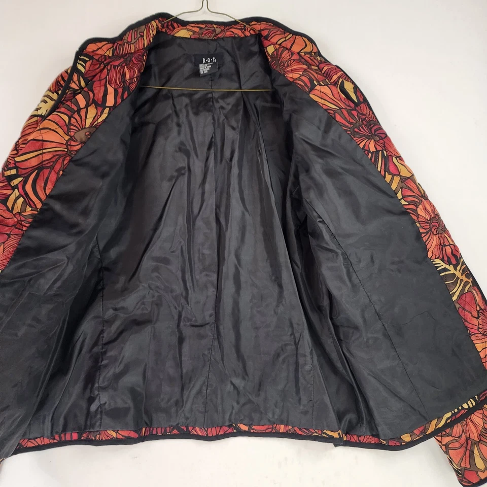 Chaqueta R Q T Mujer Grande Naranja Negra Floral Grannycore Acolchada Boho Cremallera Completa Foto 3 de 4