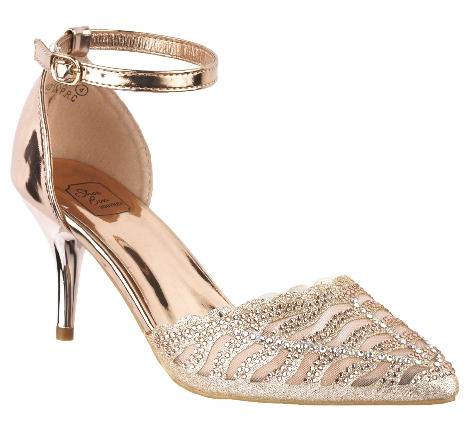 LADIES MID HEEL EVENING COURT SHOES ANKLE STRAP PARTY POINTED TOE