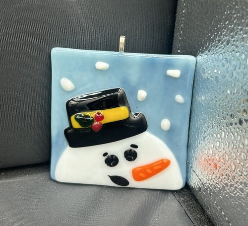 Snowman Winter Snow Christmas Fused Glass Blue Handmade Ornament 3"