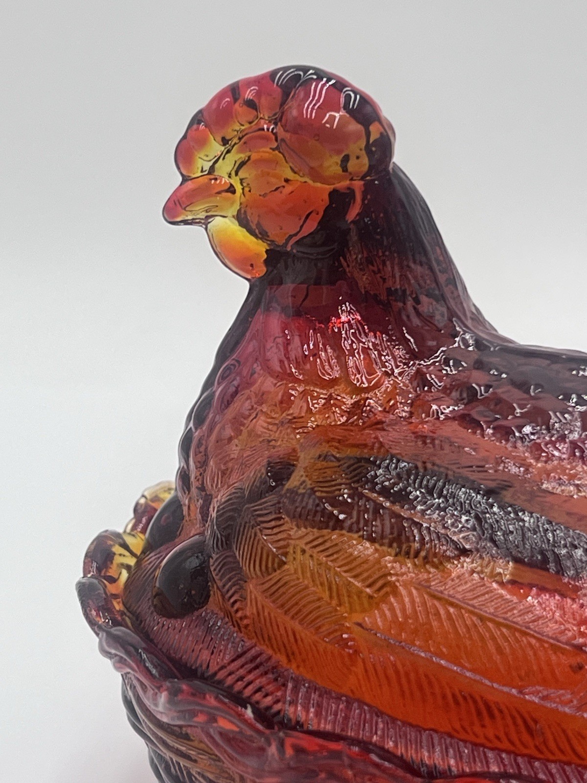 L.G. Wright Vintage Red Amberina Cadmium Glass Hen on Nest — 6.5" Split Tail