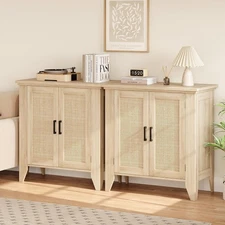Farmhouse Sideboard Buffet Cabinet Rattan Doors Kitchen Storage Cabinet