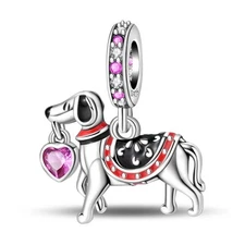 Dog Pink Heart Dangle Charm Fit Bracelet Necklace, 925 Sterling Silver