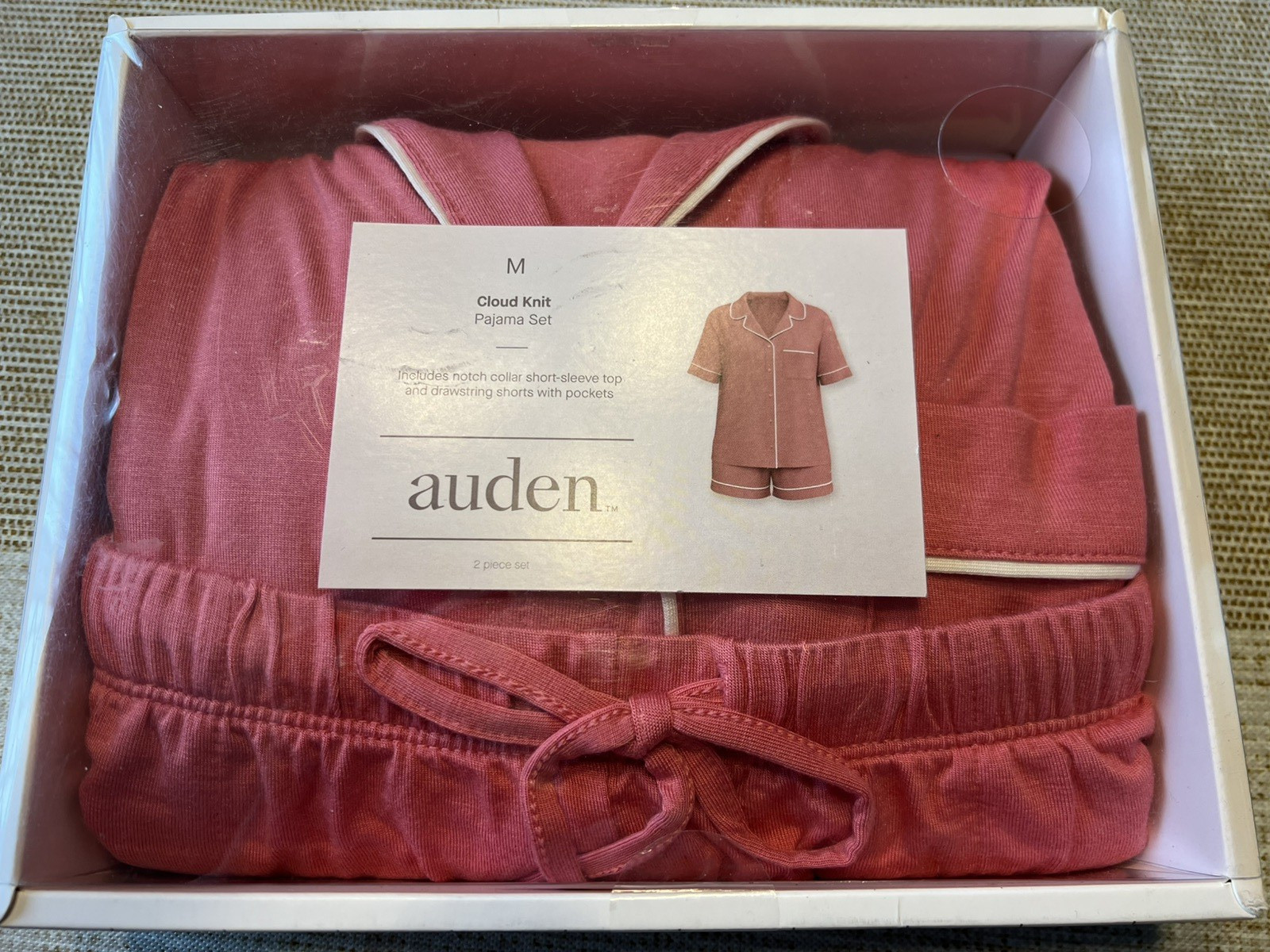 Auden Women's Cloud Knit Notch Collar Top & Shorts Pajama Set Coral Size M New