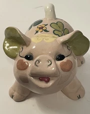 Vintage Kay Finch California Pottery Pig Figurine, Clover & Floral Design 3.5"T