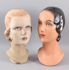 2 Antique Art Deco Paper Mache Millinery Hat Store Display Mannequin Head Model