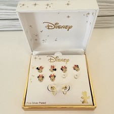 New Disney Minnie Mouse 5 Pair Earring Set Silver Plated Crystal Studs Gift Box