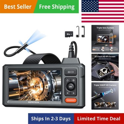 Inspection Endoscope Camera with Lights: Triple Lens 5'' IPS Screen Snake Came...