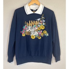 Vintage Novelty Cat Puppy Pullover Collared Sweatshirt Medium Cottage Cat Lady