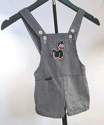 Vtg Wrangler Toddler Baby Hickory Stripe Denim Overalls Shortall Romper Duck - Photo 1/4