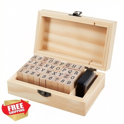 houlishu 36pc Alphabet Number Stamps Wooden Rubber Vintage Storage Box