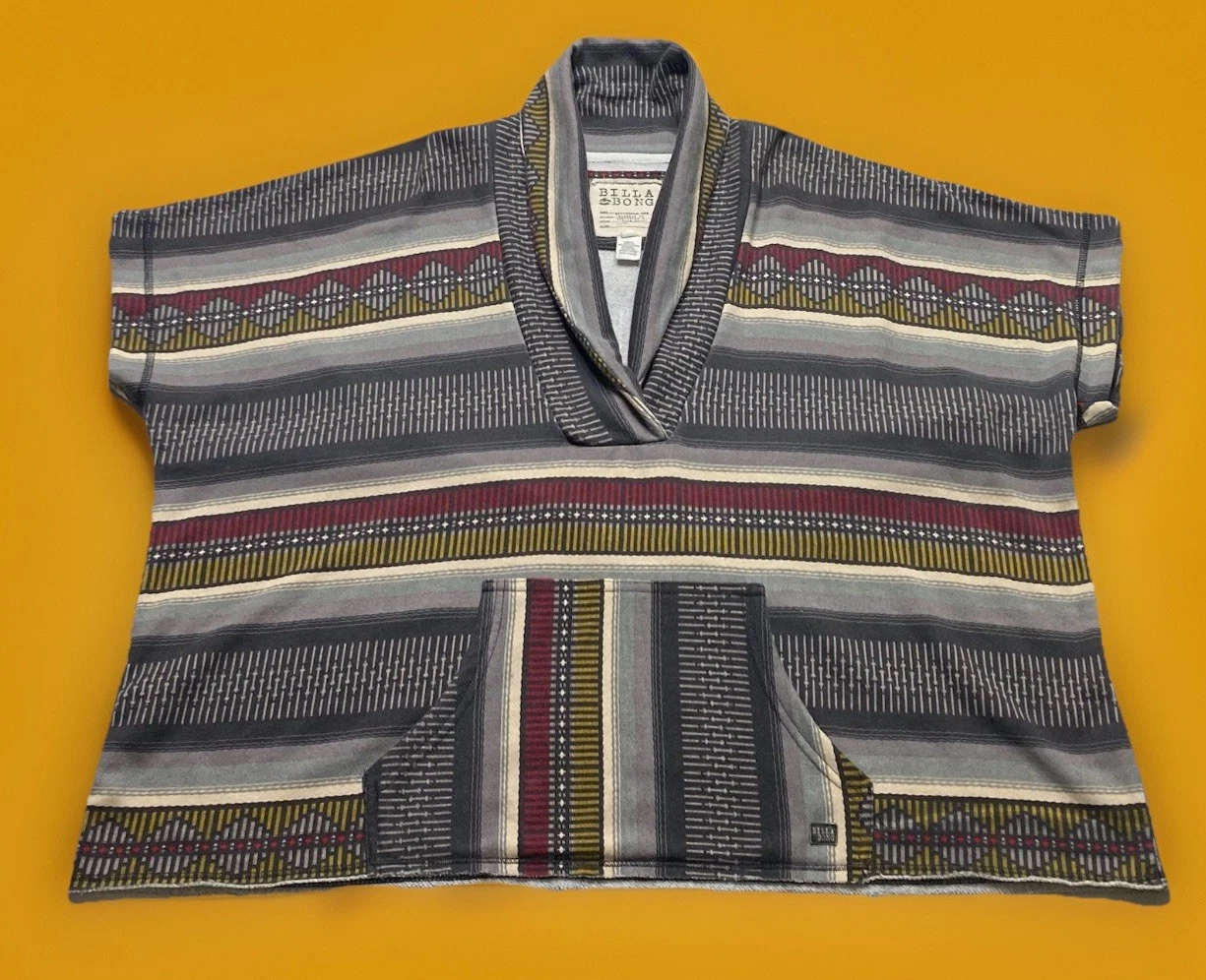 Billabong Woven Aztec Pattern Cardigan Poncho Kangaroo Pocket, Adult Size Large