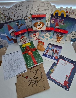 Grinch Socken McDonalds UK Weihnachten Santa Vers 2025 Spielzeug Fenster Sticker Buch
