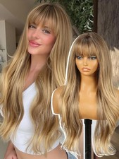 Honey Brown Long Layered Straight w/ Bangs 26in Women Premium Hair Wig