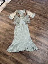 Spencer Alexis 3 Piece Kimono Set Sz XL Top Silk Floral Lace Skirt Flutter USA