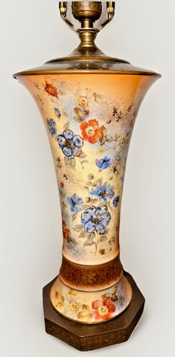 Antique Porcelain Table Lamp Exquisite Floral Motif Gilt Highlights Brass Finial