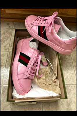 Gucci Pink GG Logo Low Top Lace-Up Sneakers Unisex Web Stripe Multicolor