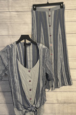 J.J. Taylor Vintage 2PC Skirt Set Blue Stripe Tie Waist Top Elastic Skirt