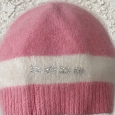 Y2K Bebe Pink Crystal Logo Fluffy Angora Beanie Skull Hat Cap