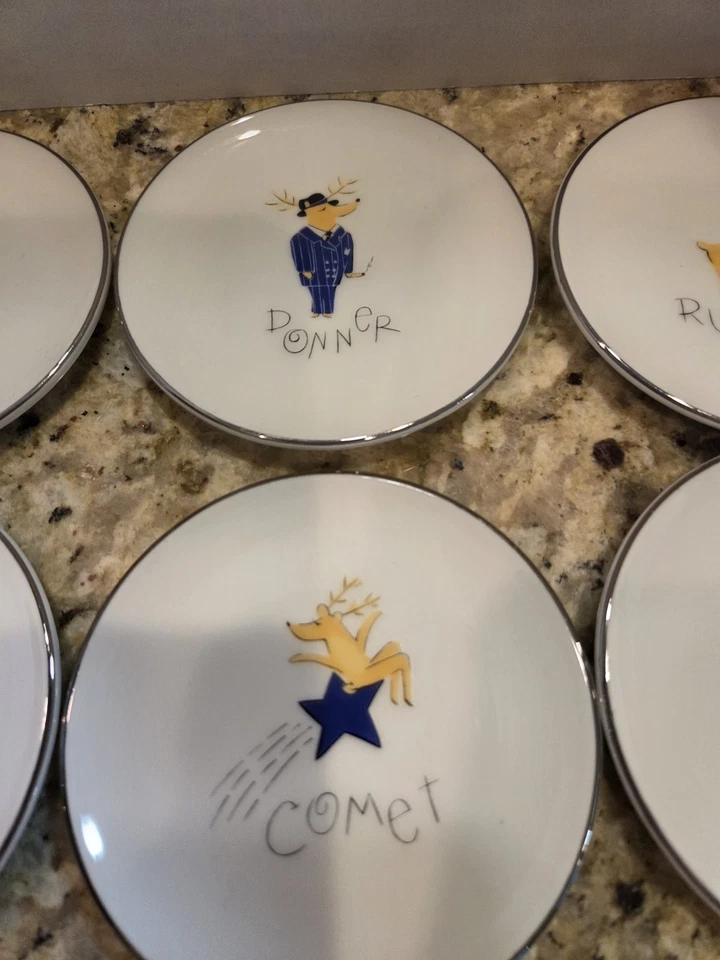 Pottery Barn Juego de 9 platos de reno de papá Noel de 4” mini aperitivo bocadillo dulce caramelo Foto 3 de 4