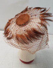 Vintage 1940s Veiled Fascinator Hat Brown Netting Feathers Beaded 5183JR