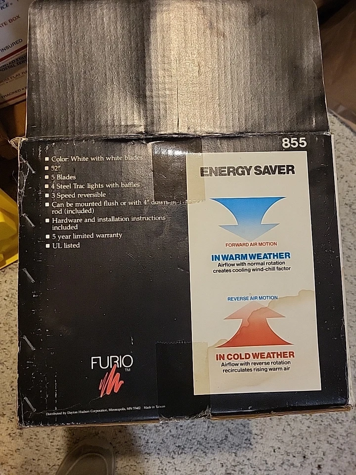 Furio 52" Ceiling Fan White w/ White, 5 Blade, Reversible, W/ 4 Lights, New! - Image 3 of 4