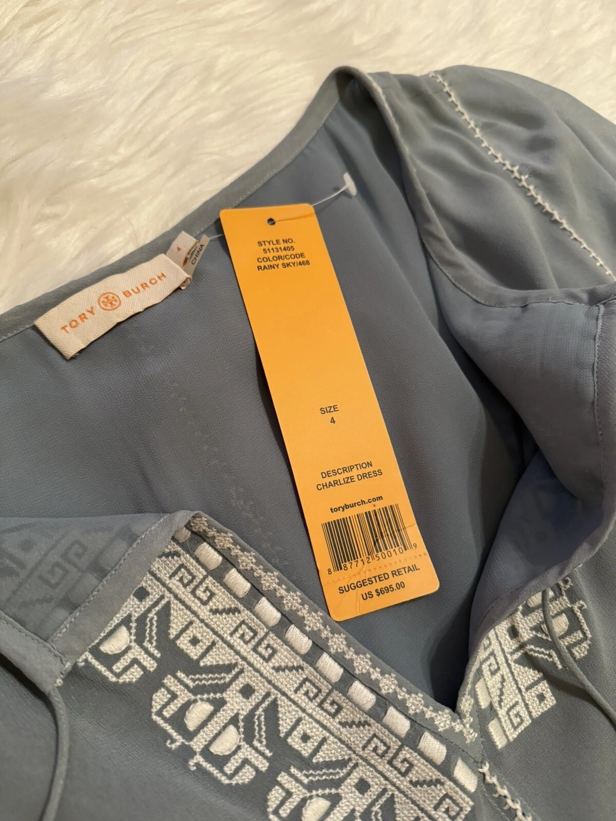 Abito Tory Burch nuovo 100% seta charlize caftano ricamato azzurro chiaro taglia 4