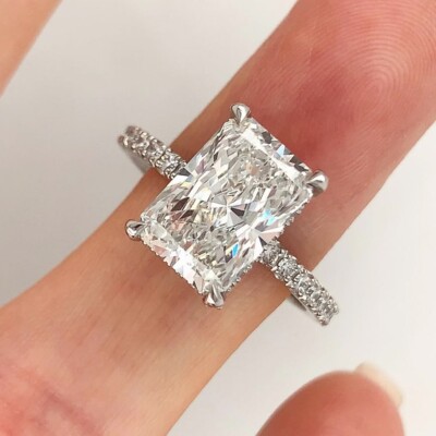 3.67Ctw Radiant Cut Moissanite Hidden Halo Engagement Ring 14K White Gold Plated