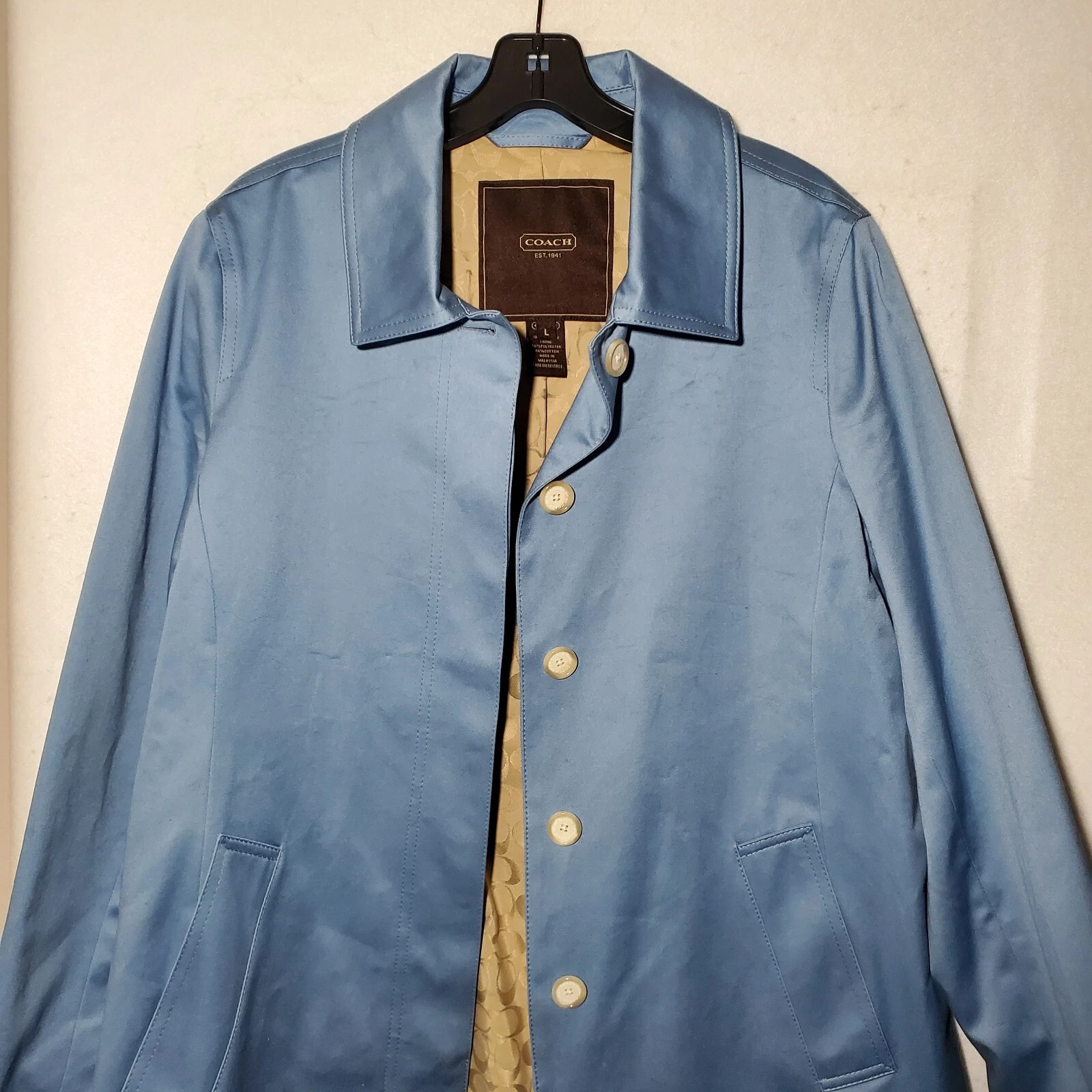 Giacca Coach donna grande blu raso cappotto da passeggio lungo classico casual designer