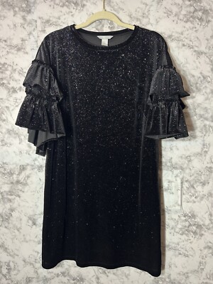 h&m velvet mini dress H&M Black Sparkle Velvet Mini Dress Ruffle Sleeve Sz M EUC