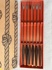Vintage MCM Westwood Fonde Forks Set of 6 With Original Box Wood Handles