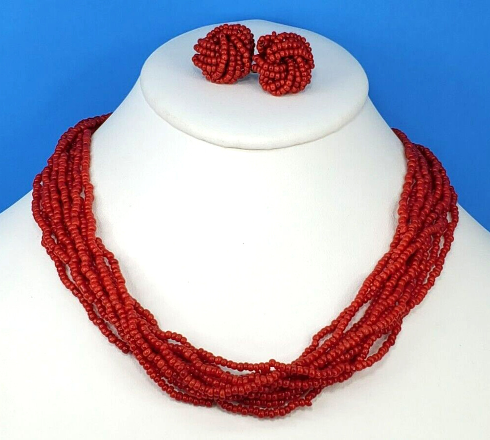 Red Beaded Torsade Choker Necklace & Earrings Scr… - image 2