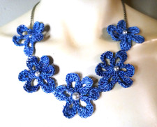 NEW BLUE FLOWER NECKLACE CROCHET PEARL SILVER TONE DOUBLE CHAIN