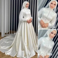 Muslim Wedding Dresses Satin Lace Long Sleeves High Neck Bridal Gown Sweep Train