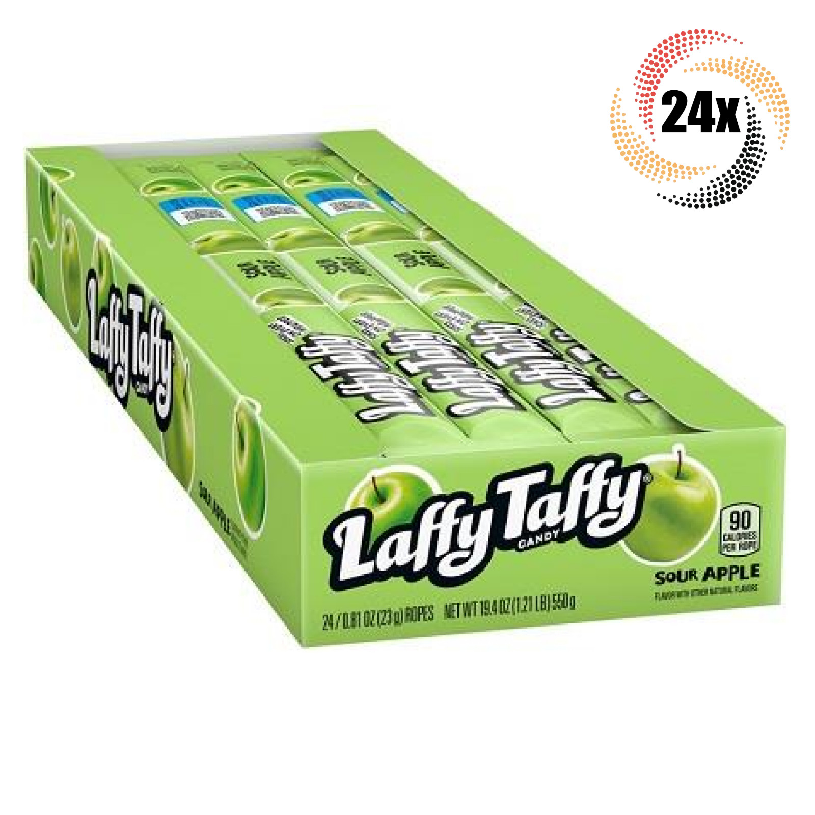 Полная коробка 24-кратных канатов Laffy Taffy Sour Apple Candy с кислыми яблоками, эластичные и острые канаты | 81 унция