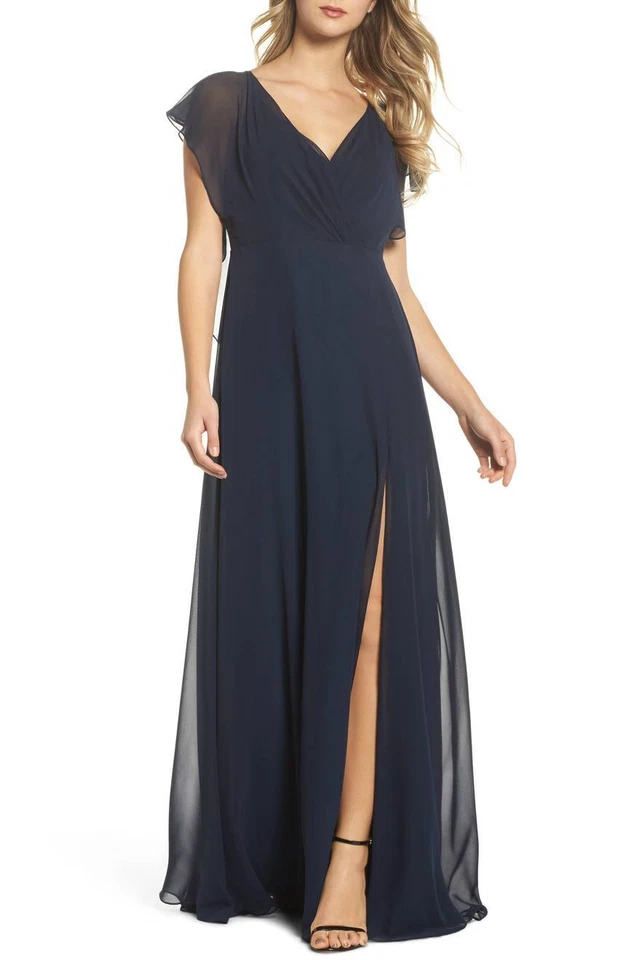 Vestido JENNY YOO Azul Marino Alanna Flutter Manga Volantes Espalda Abierta Corbata Línea A Gasa 10 Foto 3 de 4